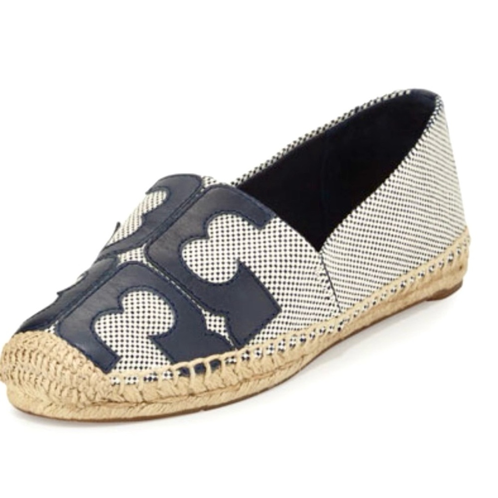 Tory Burch Tivoli A-Line Canvas Navy Blue Leather Embellished Espadrille Loafers